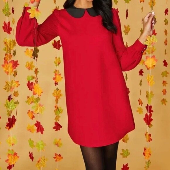 NWT Modcloth Women's Red Shift Dress Sz XL Peter Pan Collar Sheer Sleeve Retro - Picture 3 of 16